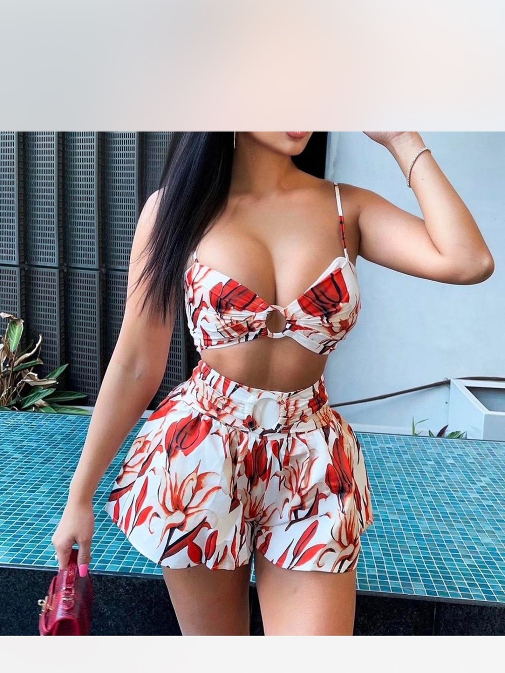 Fashion Nova White & Red Floral Paperbag Waist Shorts